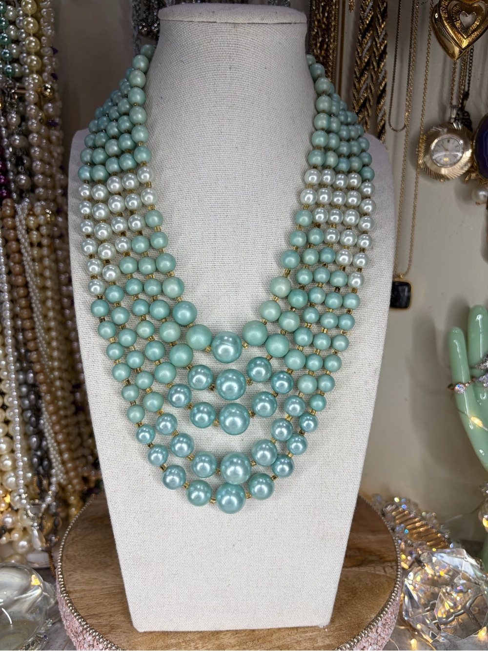 Vintage 5 Strand Japan Necklace Blue Faux Pearl Beaded Stunning Jewelry